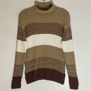 Basic Editions Sweater Womens XL Tan Brown White Stripe Turtleneck Pullover Knit